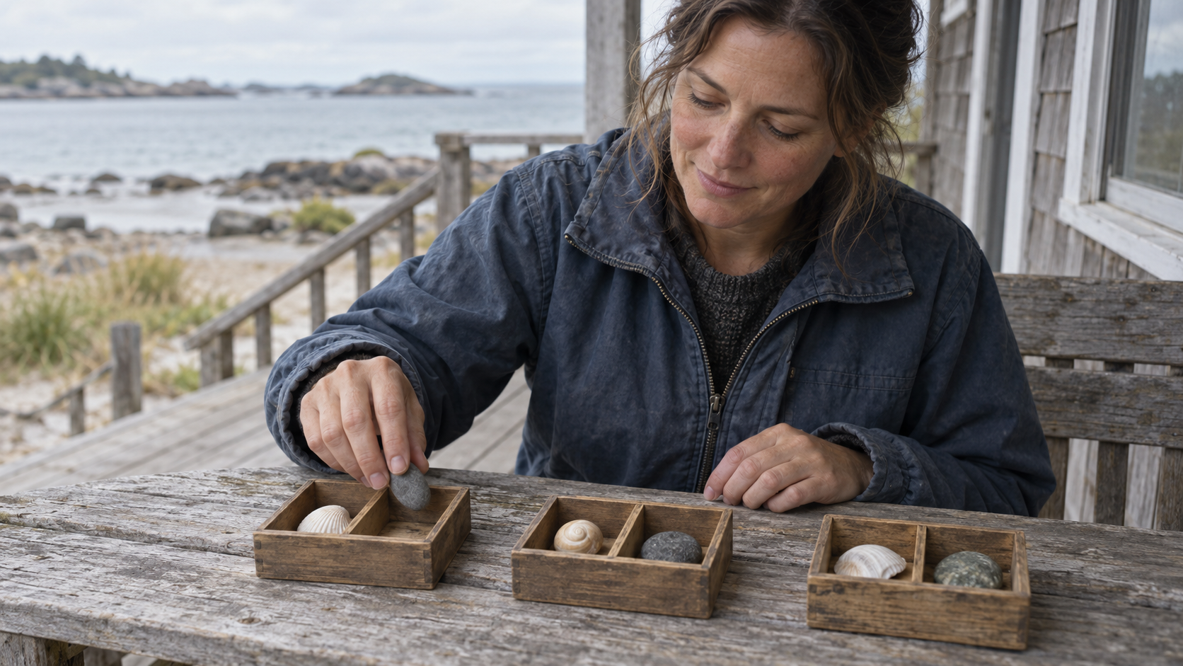 A woman sorts shells and pebbles into three separate wooden boxes, each divided into two compartments