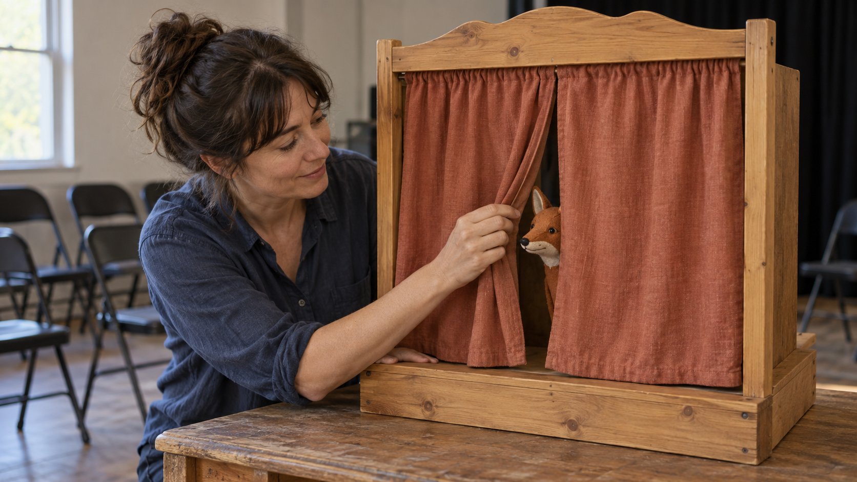 A woman checks a gap in puppet-stage curtains while a cloth fox puppet is visible behind them