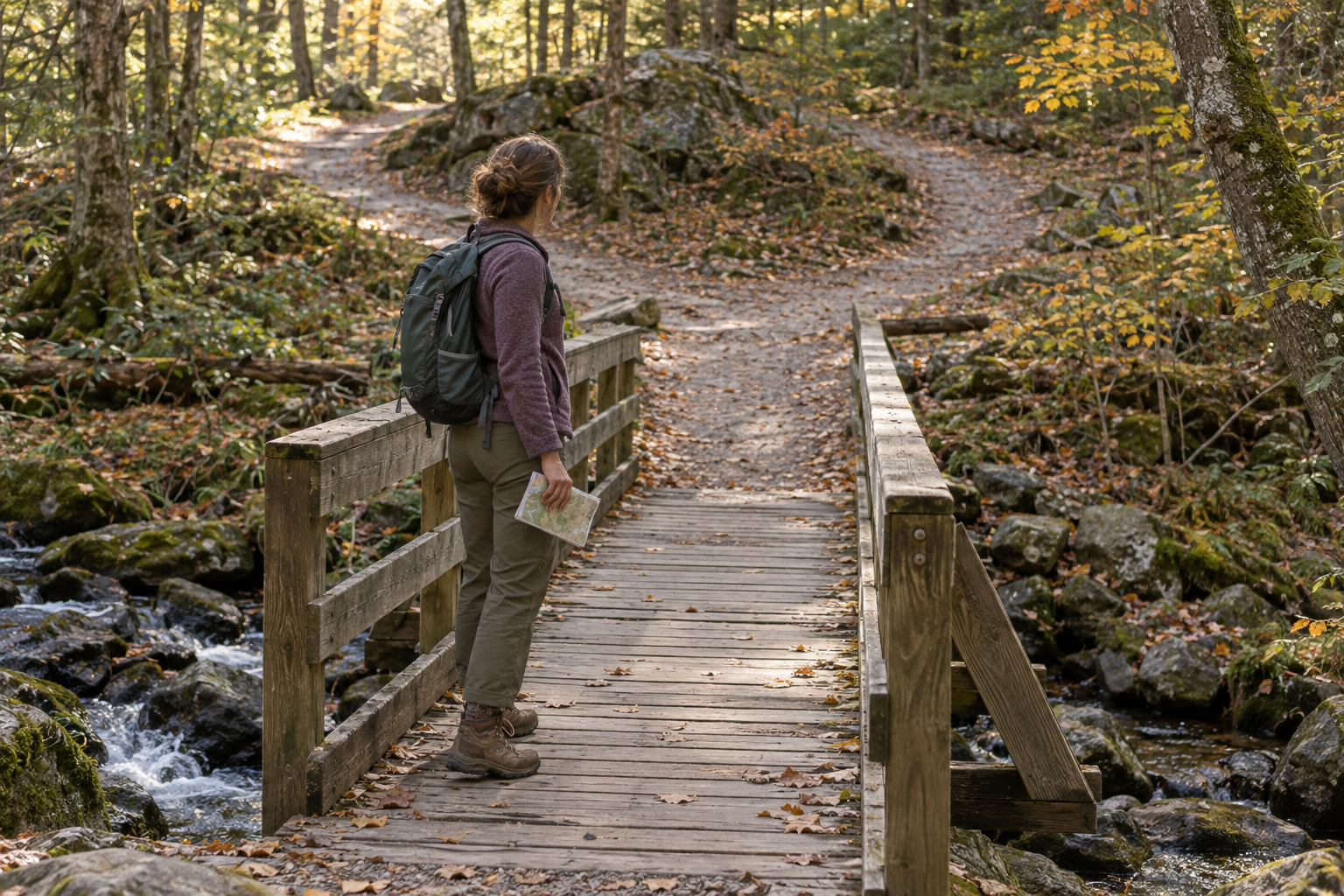 A walker pauses on a wooden footbridge to study a fork in the trail, holding her folded map at her side