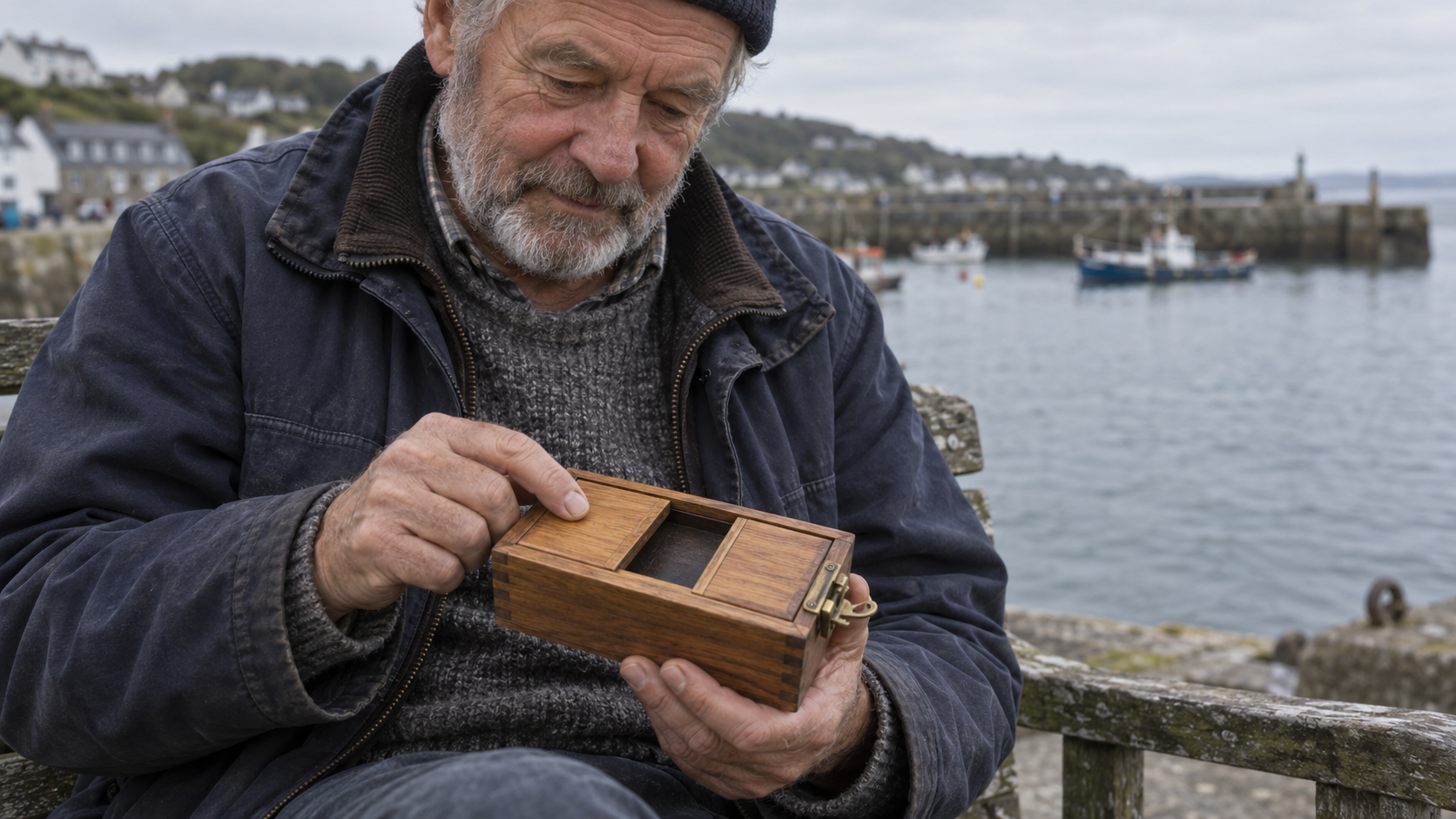 An older man pauses over a sliding wooden puzzle box with one compartment exposed and its brass catch open