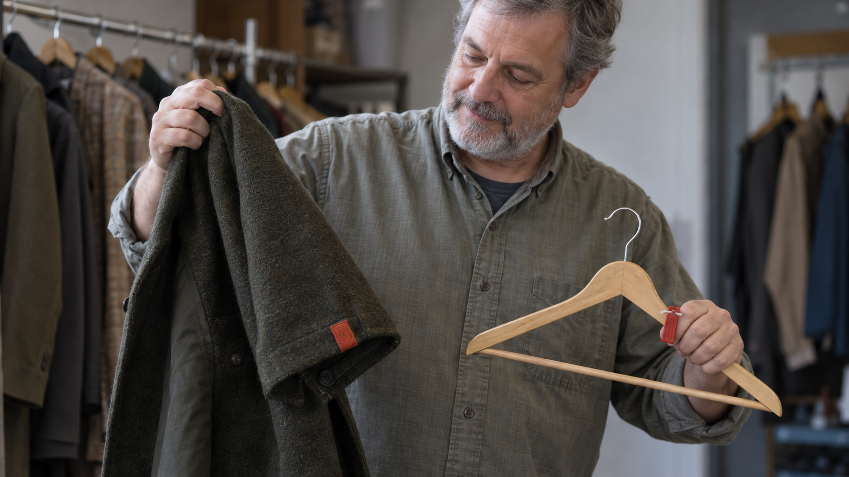 A wardrobe volunteer holds a jacket with a sewn cloth marker beside an empty hanger with a separate marker