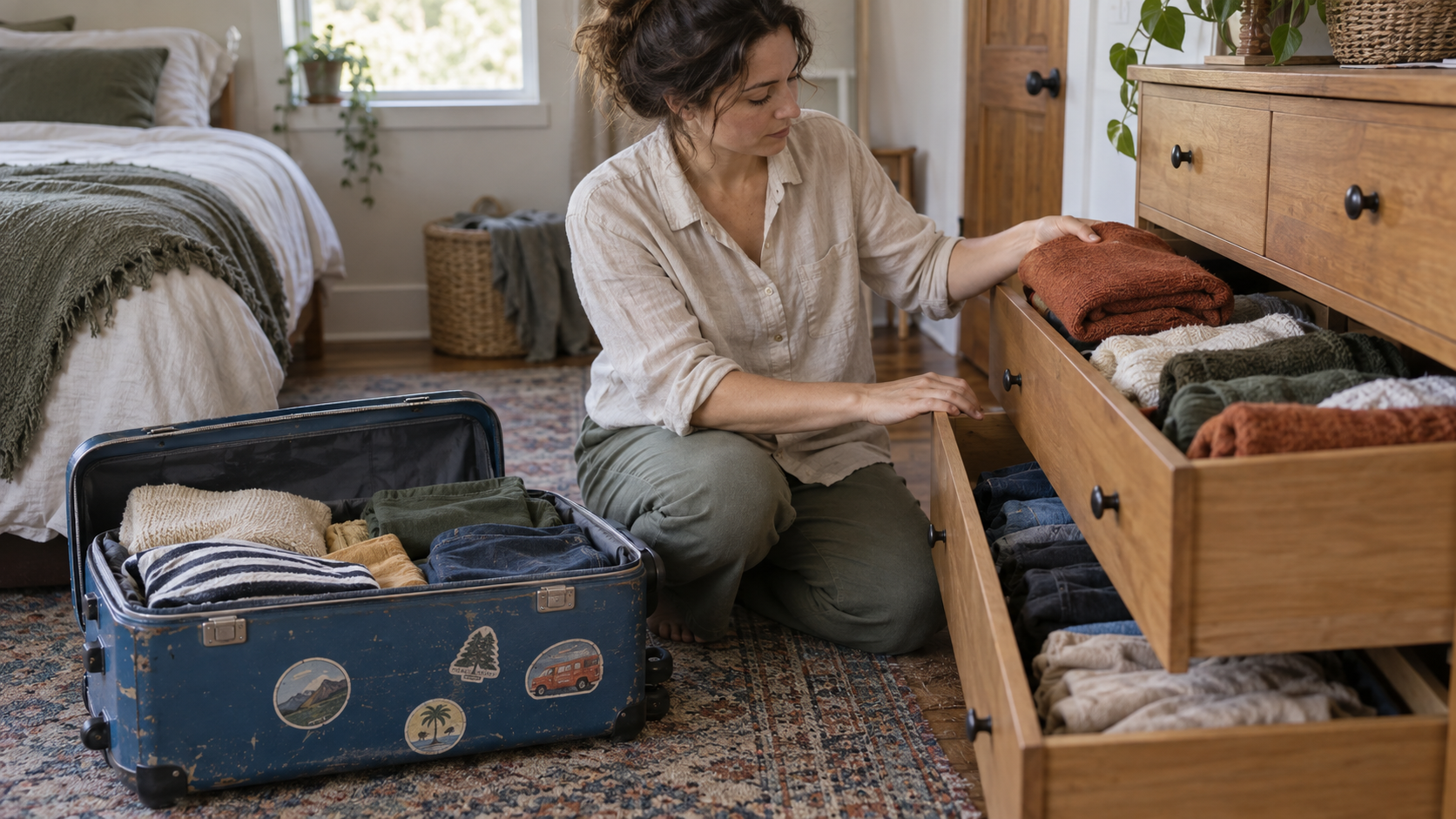 A woman moves folded clothes from a travel-worn blue suitcase into separate wooden drawers