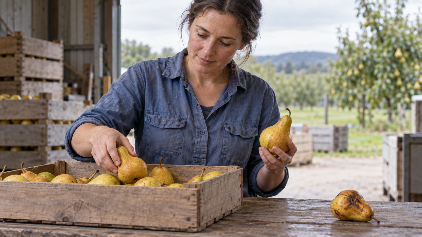 A fruit grower accepts differently shaped ripe pears into one crate while keeping a bruised pear aside