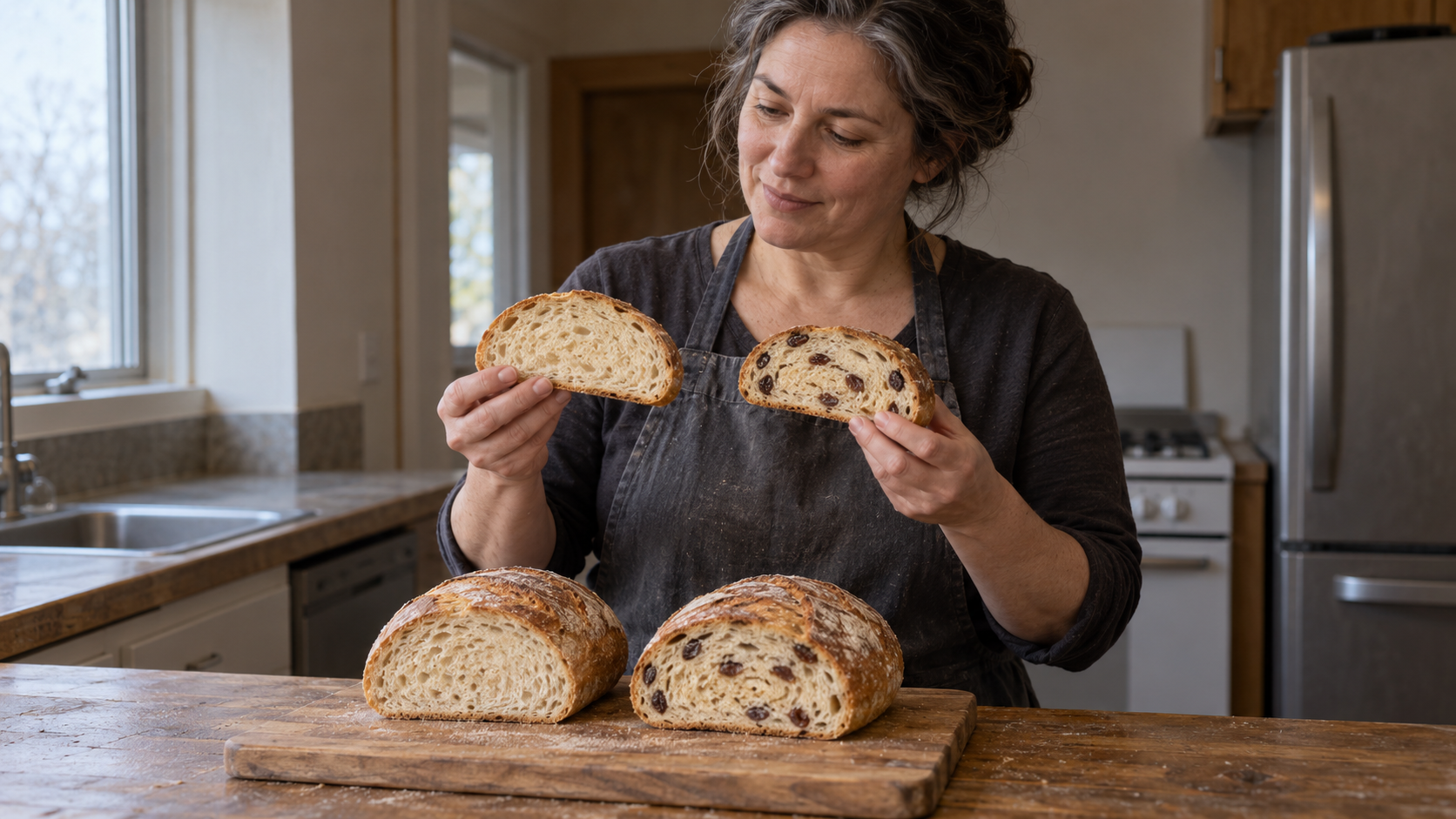 A woman compares slices from two similar loaves, one with plain crumb and one with raisins