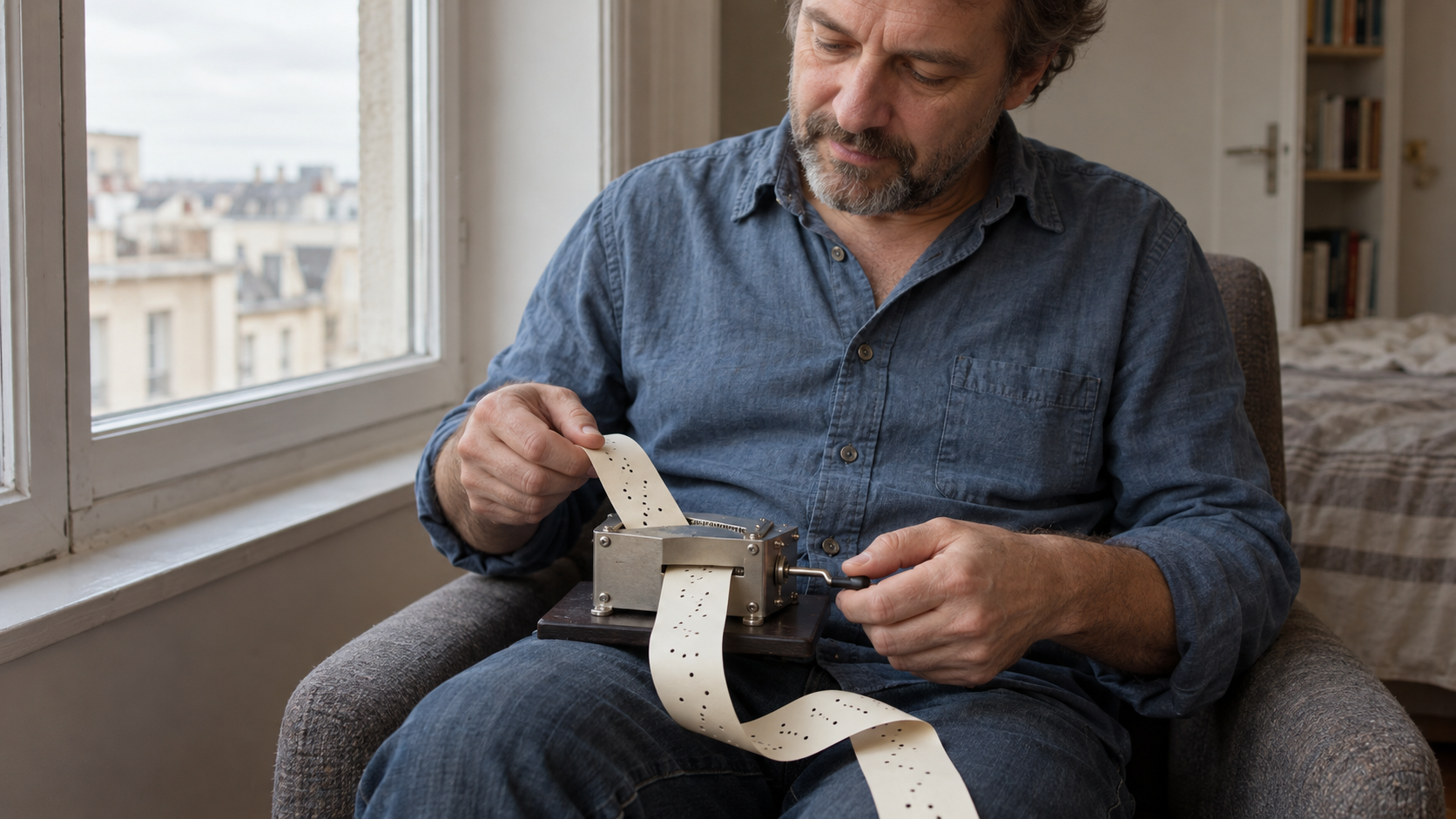 A person feeds a punched paper melody strip into a hand-cranked music box