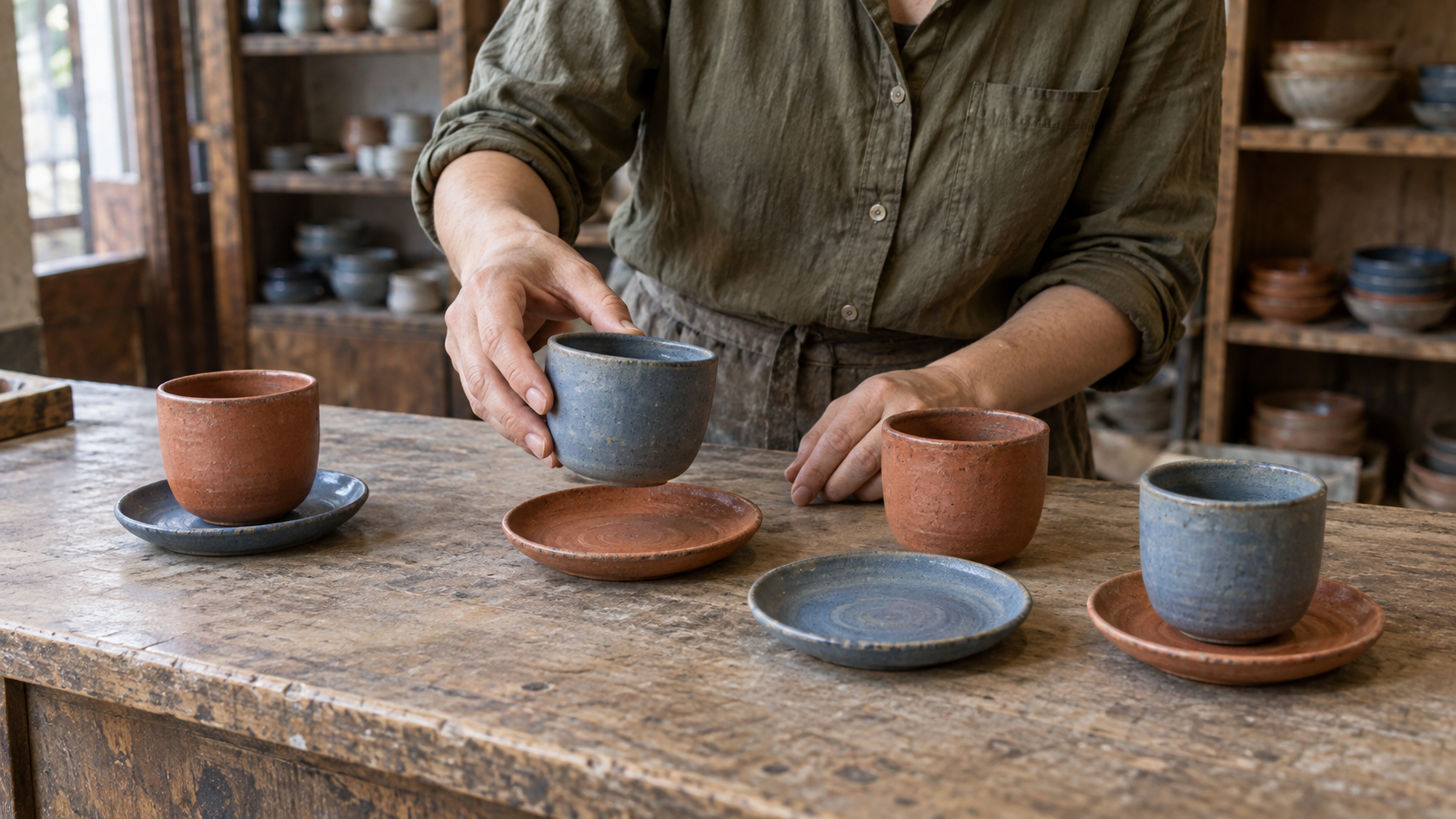 A shopkeeper rearranges blue and terracotta cups among differently colored saucers