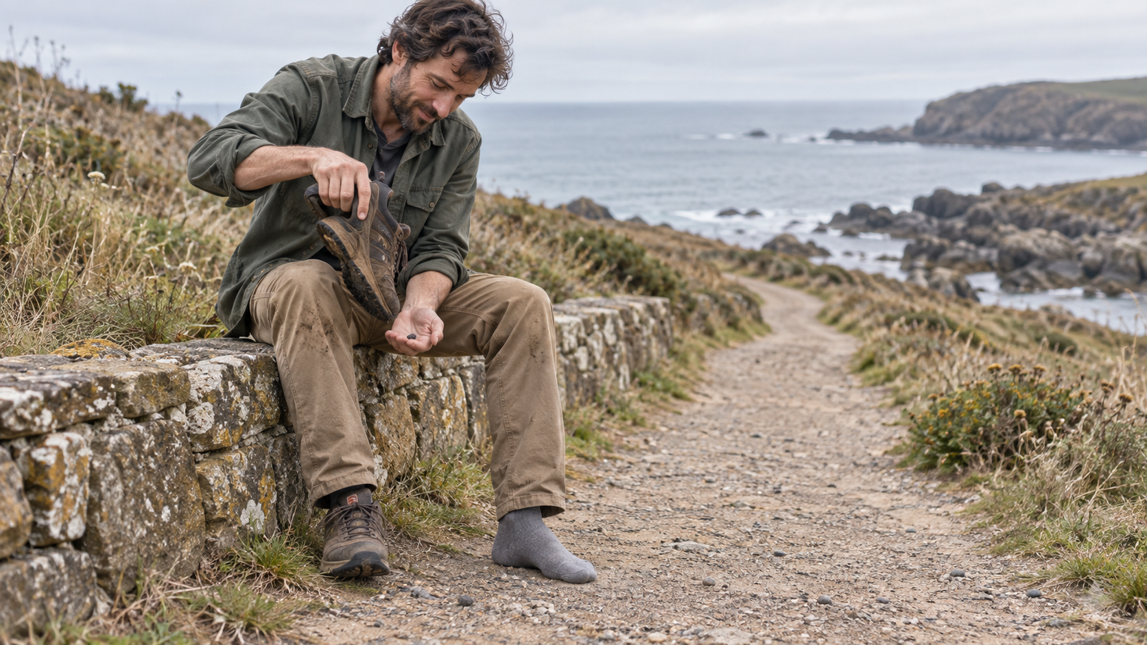 A walker pauses on a coastal path with a small pebble in his palm and a walking shoe in his other hand