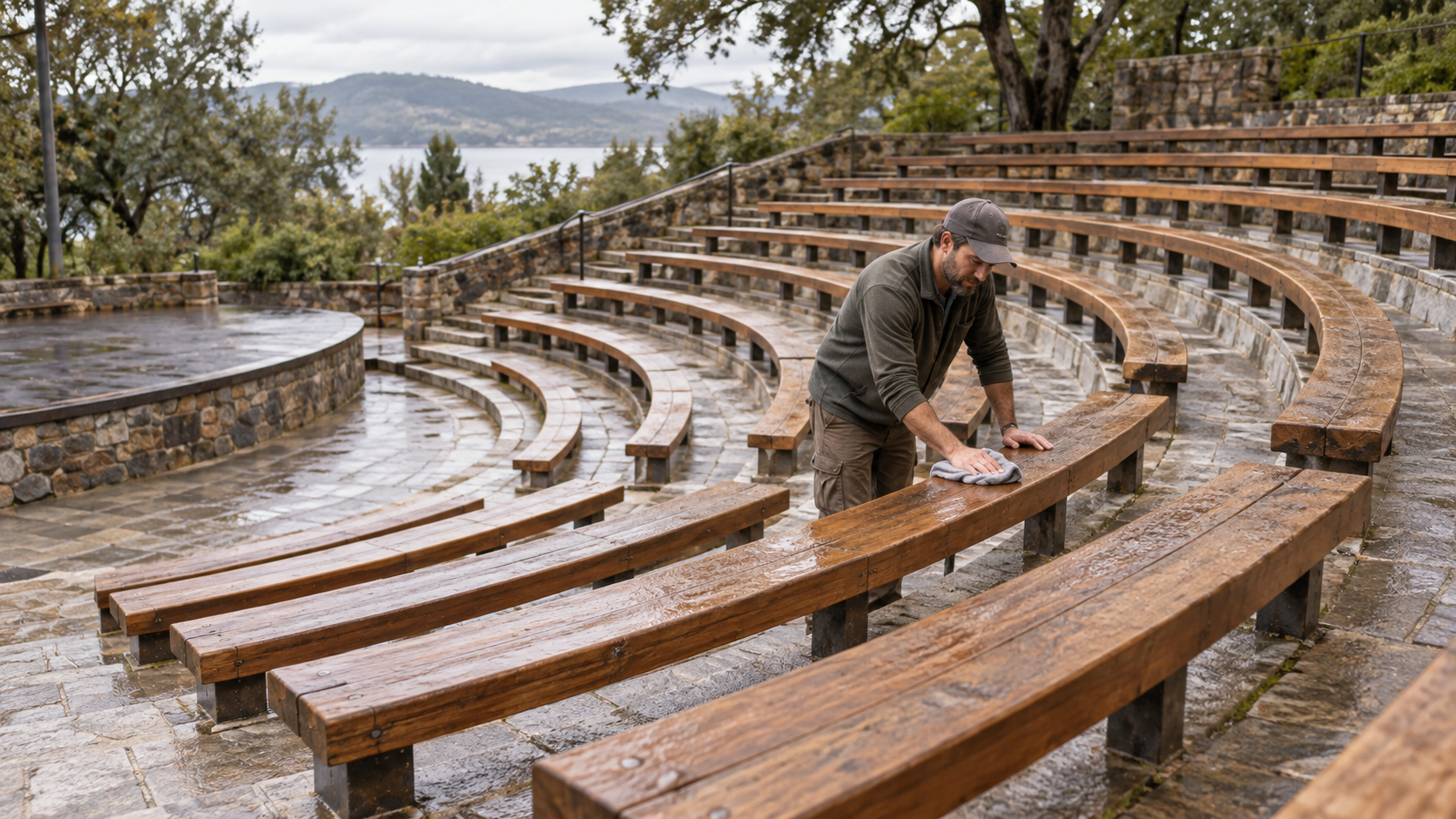 A caretaker wipes a curved wooden bench in an outdoor amphitheater with progressively longer rows