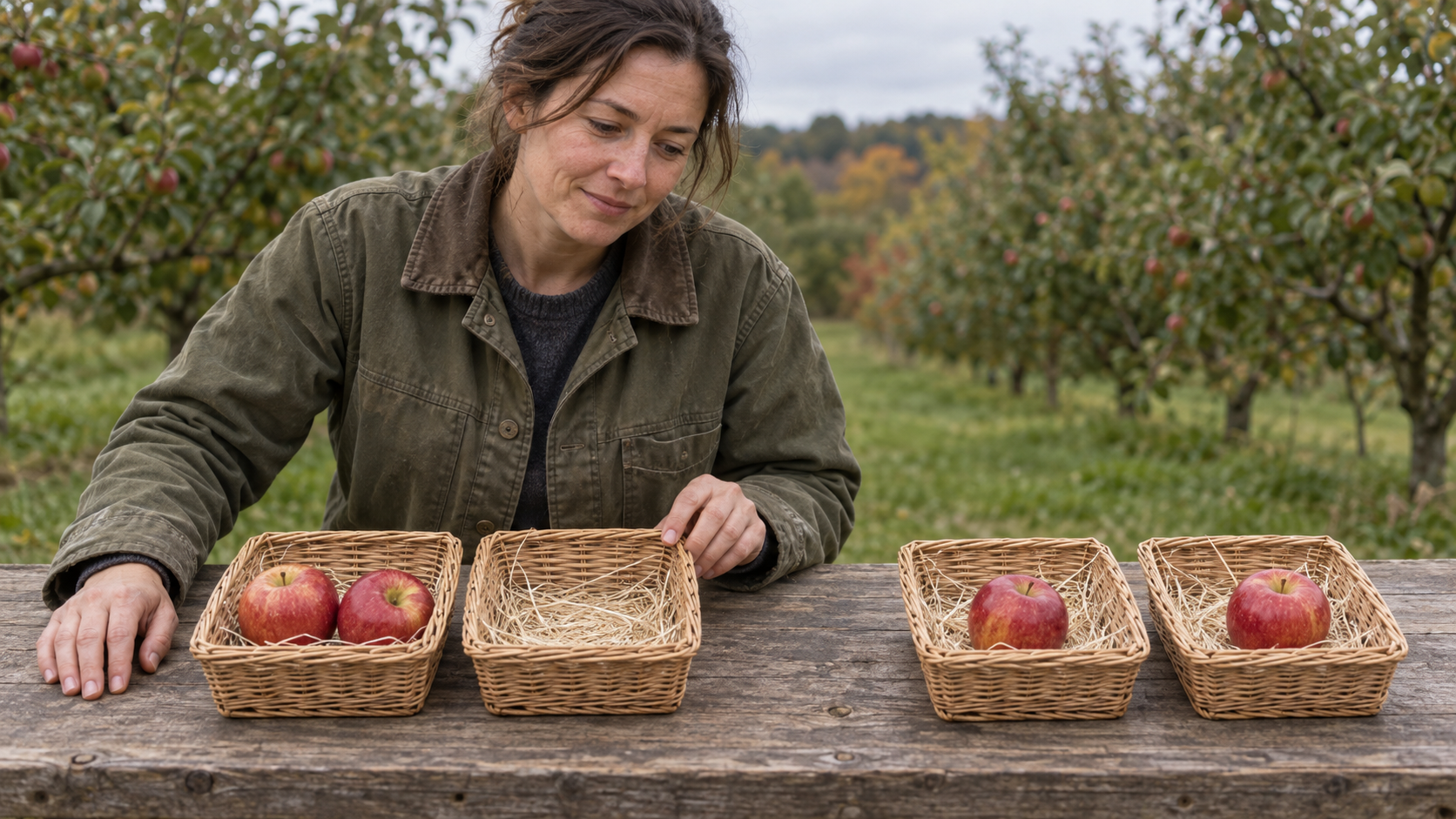 An orchard volunteer checks four baskets: two apples in one, none in its partner, and one in each remaining basket