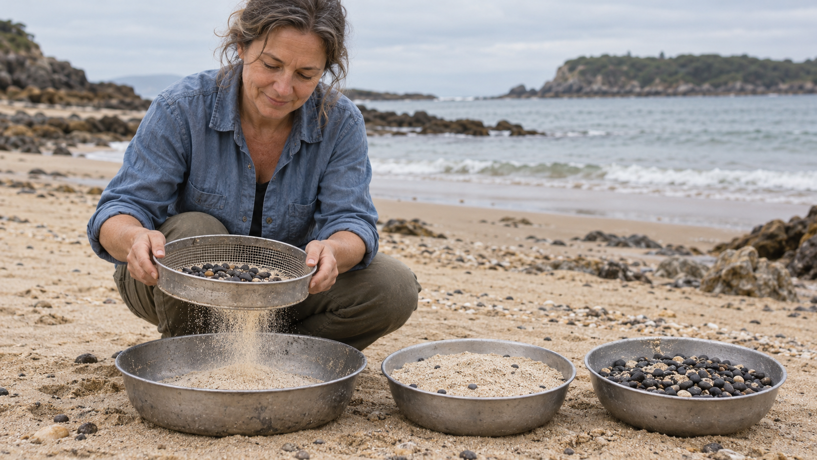 A woman sifting sand from dark pebbles beside two equally full bowls with different proportions of sand and pebbles