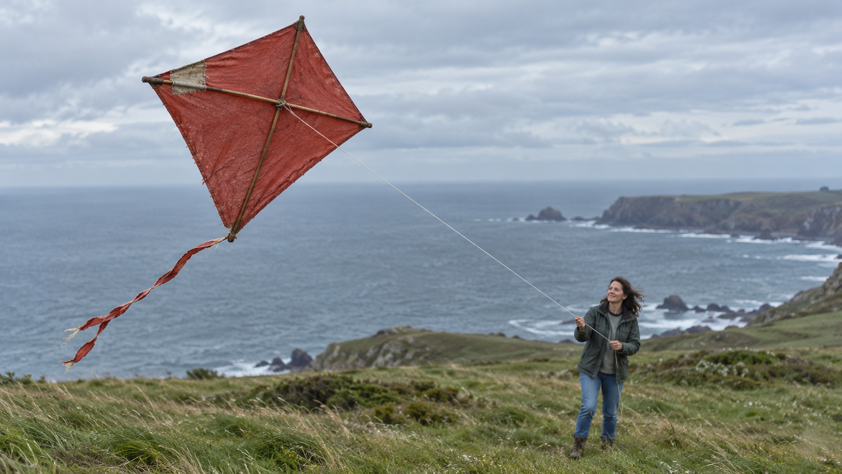 A patched red kite fills the foreground while its line leads to a woman flying it on a coastal hill