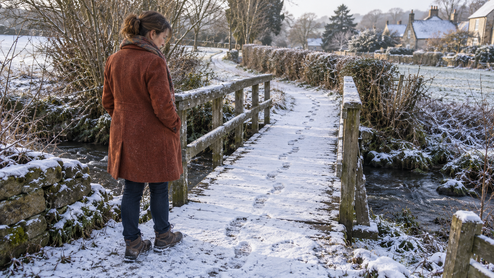 A woman pauses at a snowy footbridge, looking at footprints that already cross it and continue along the path