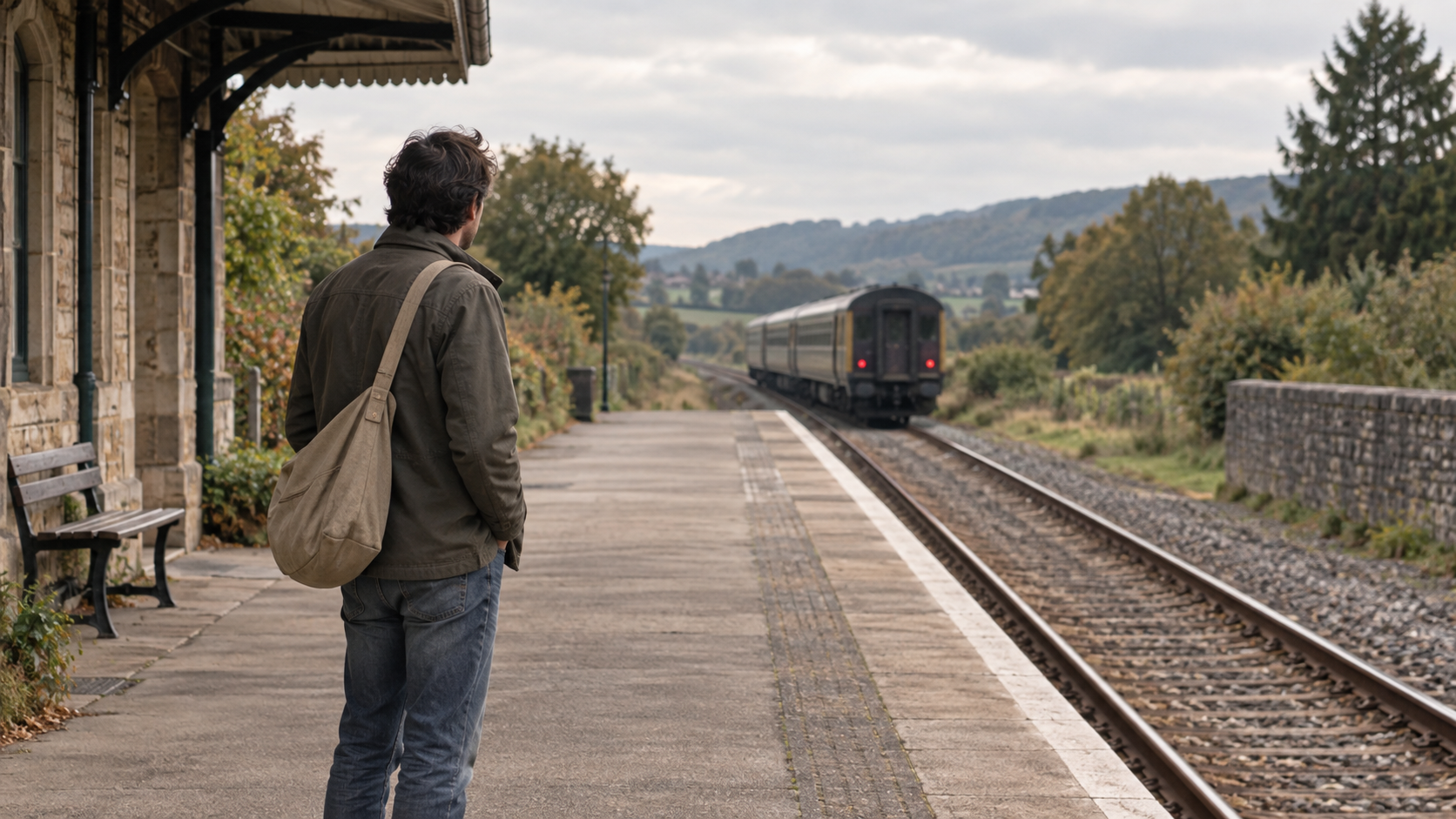 A traveler stands on a quiet station platform watching the rear of a train recede down the track