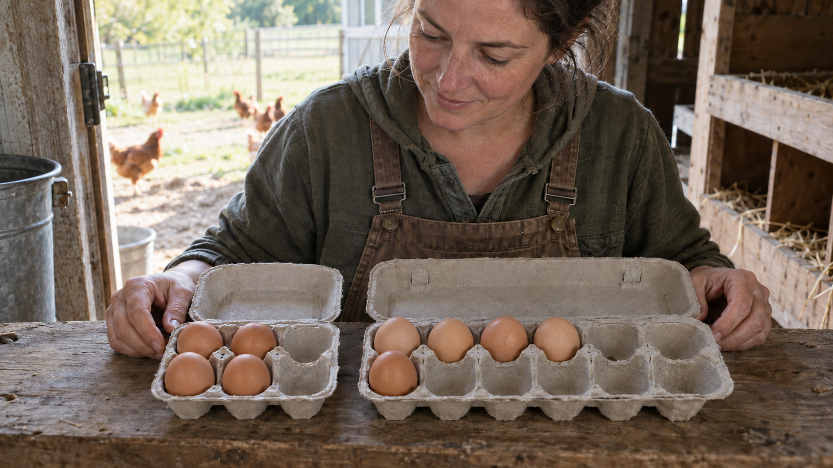 A smallholder compares four eggs in a six-well carton with five eggs in a twelve-well carton