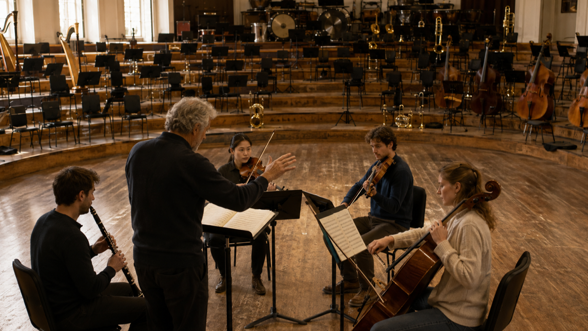 A small chamber group rehearsing before a full orchestra, representing a course-sized selection from all 118 elements
