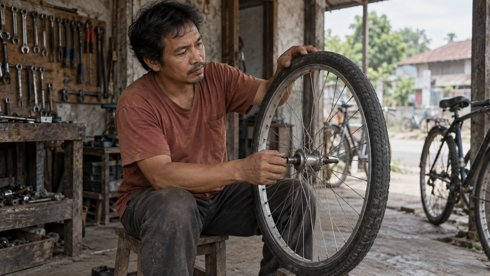 A bicycle repairer holding a wheel by its central axle with the other hand resting on the tire