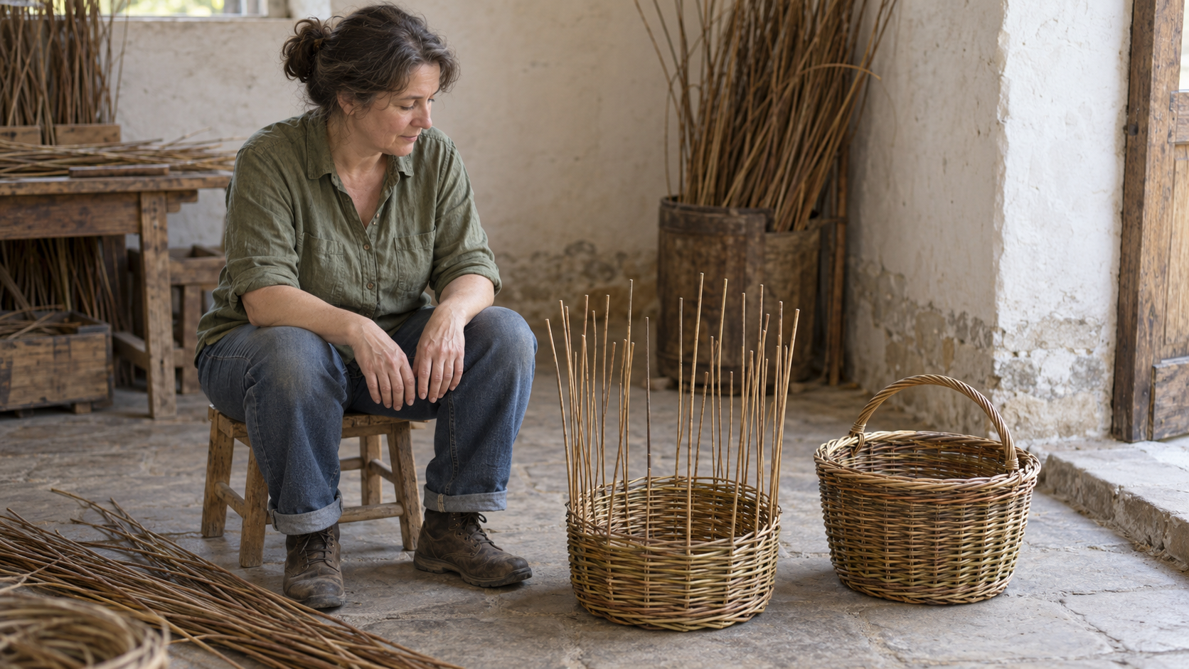 A basket weaver rests her hands beside a partly woven basket and a finished basket