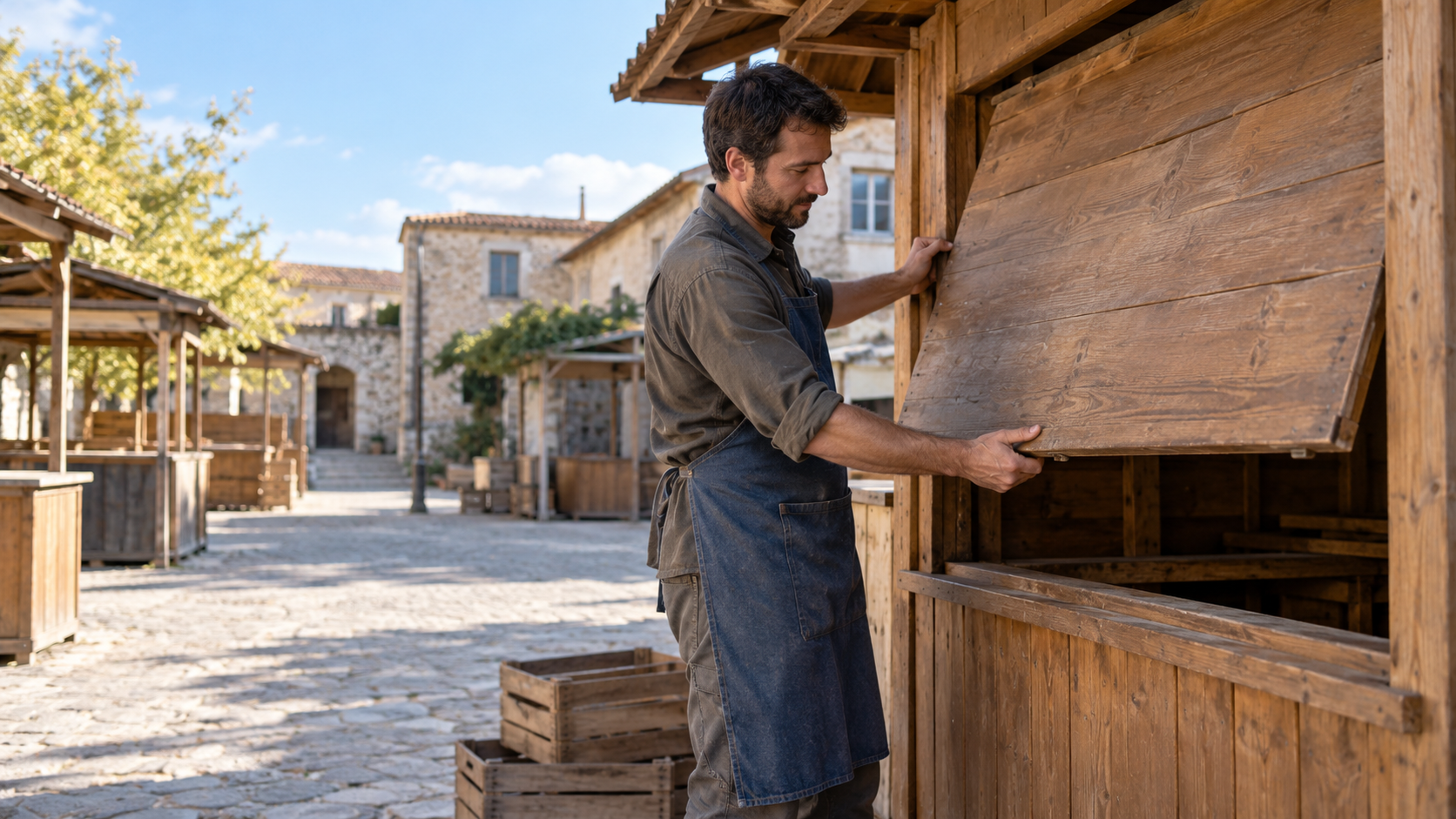 A market vendor lowers the wooden hatch of an empty stall in a bright afternoon courtyard
