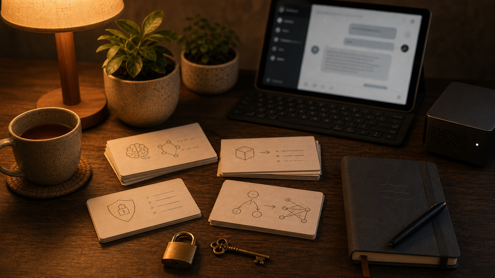 Warm private flashcards study desk with a lock, key, notebook, and softly blurred AI study screen