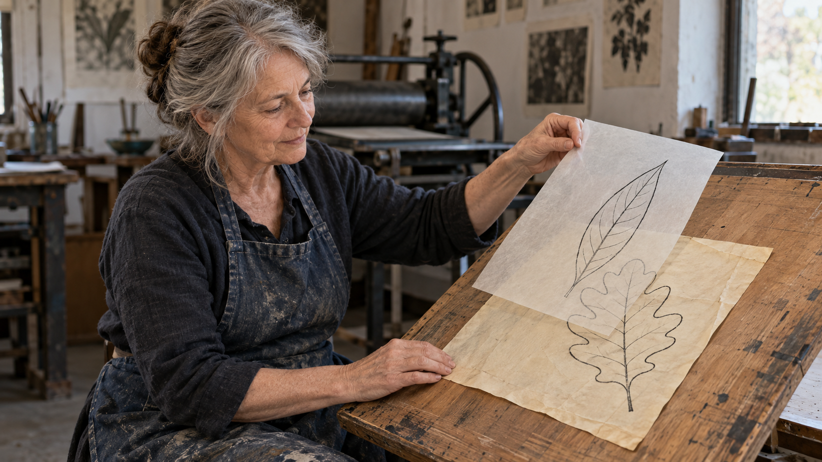 A printmaker lifts a translucent leaf drawing away from an older drawing, separating their overlapping outlines