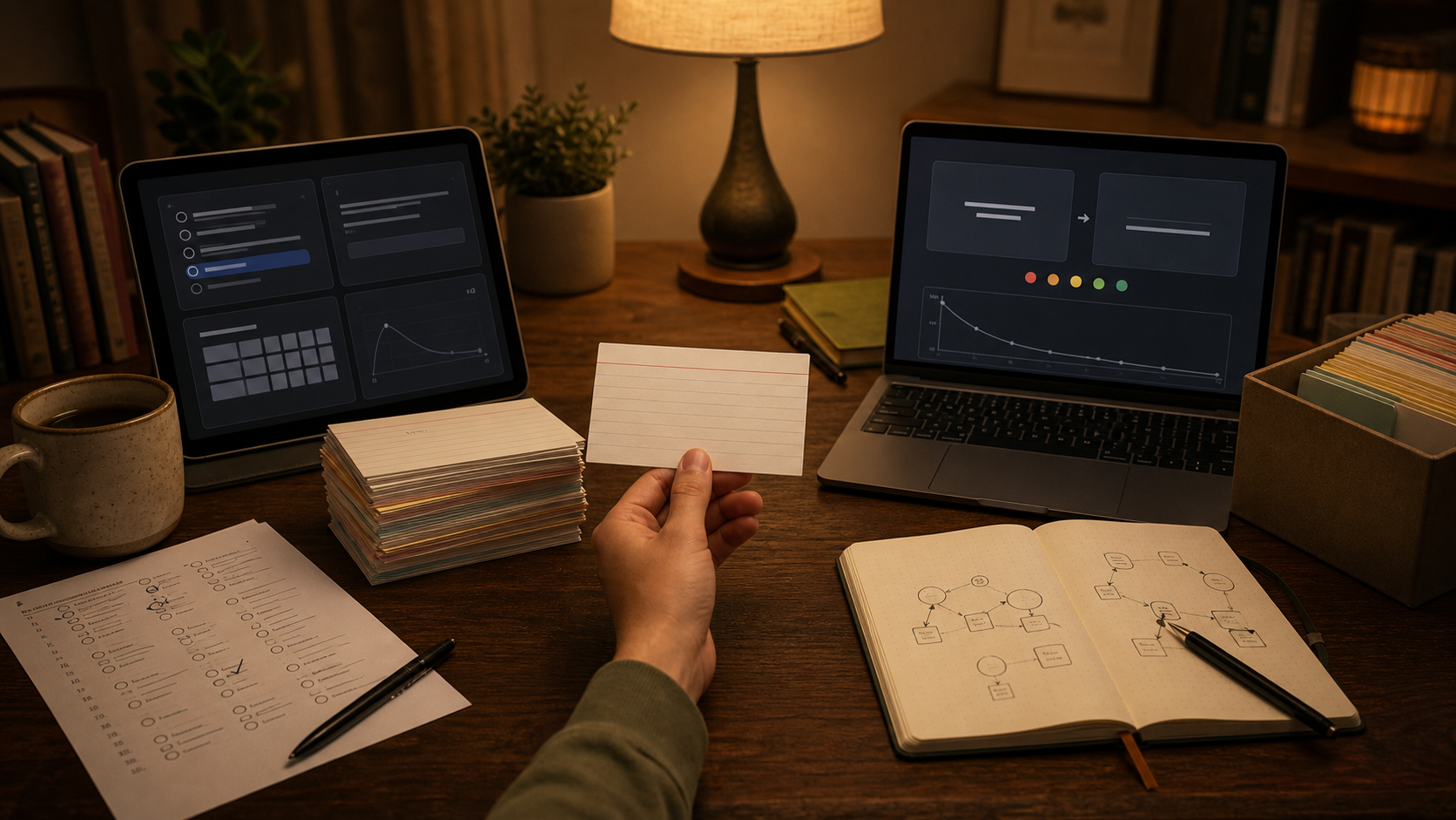 Quizlet and open source Nibomo study workflows side by side on a warm desk