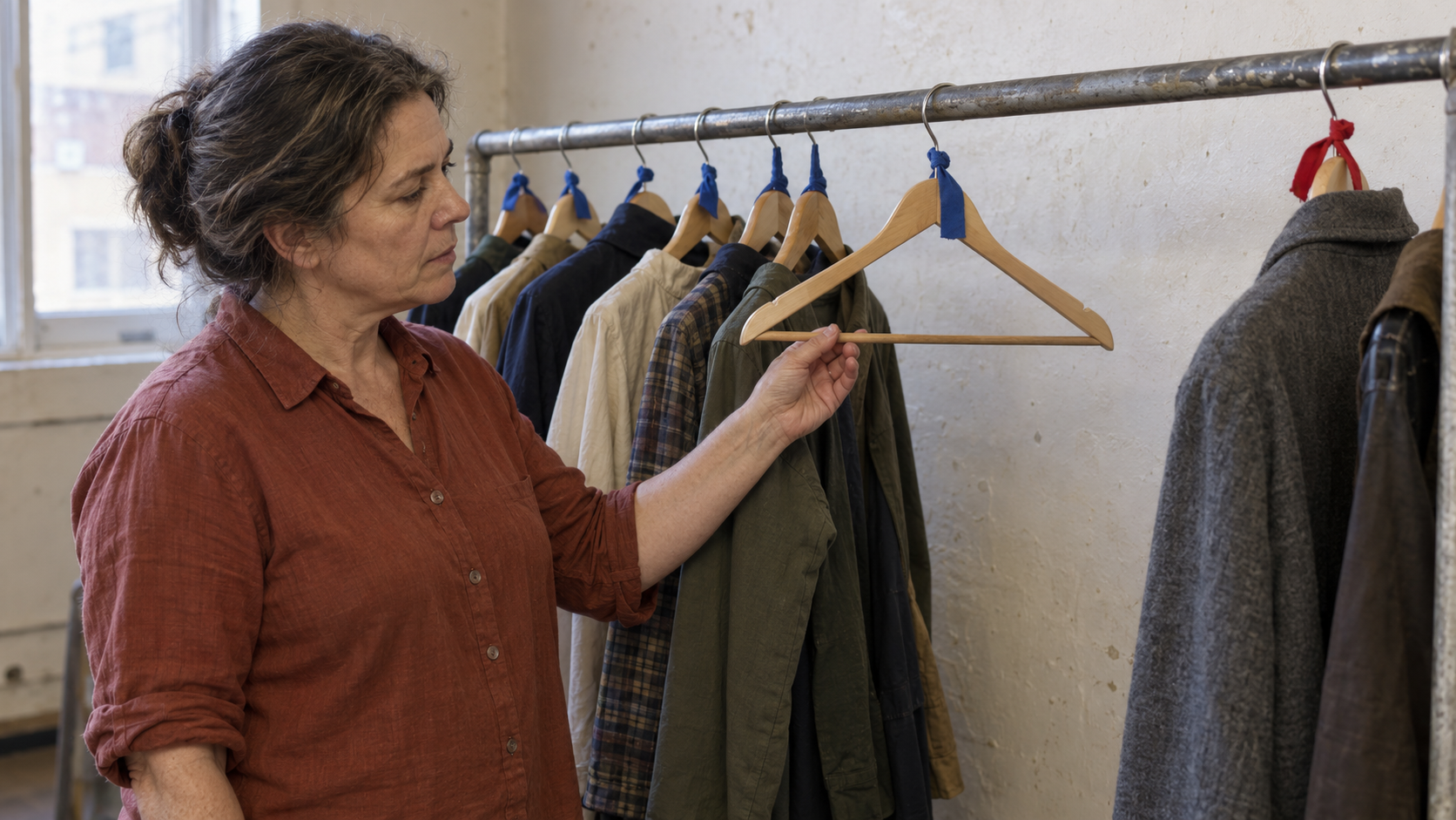 A theatre volunteer inspects an empty blue-marked hanger beside matching marked garments and a separate red-marked coat.