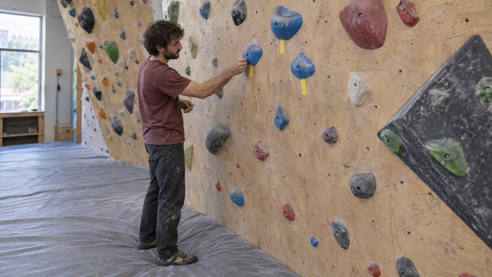 A climbing instructor marks a few blue holds with yellow tape while the rest of the practice wall stays visible