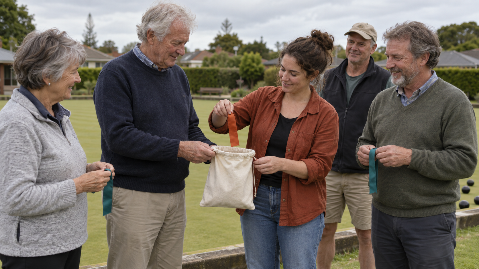 Volunteers at a lawn-bowling club draw colored ribbons from a cloth bag to divide into teams