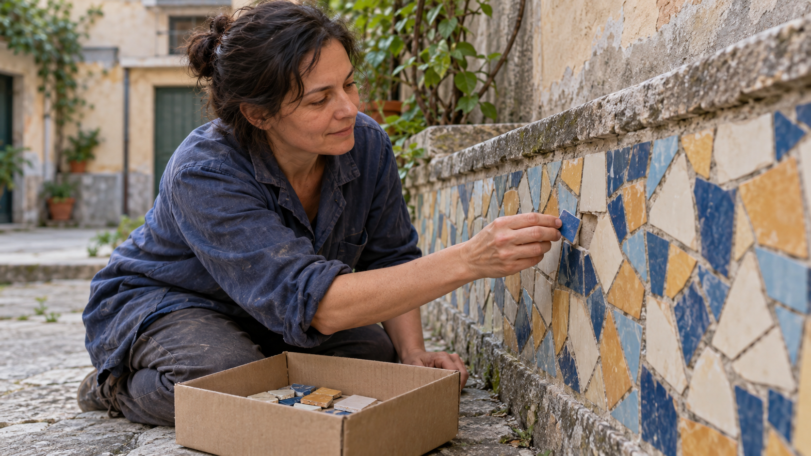 A craftsperson fits a saved blue tile into a gap in a courtyard mosaic while the surrounding tiles remain intact.
