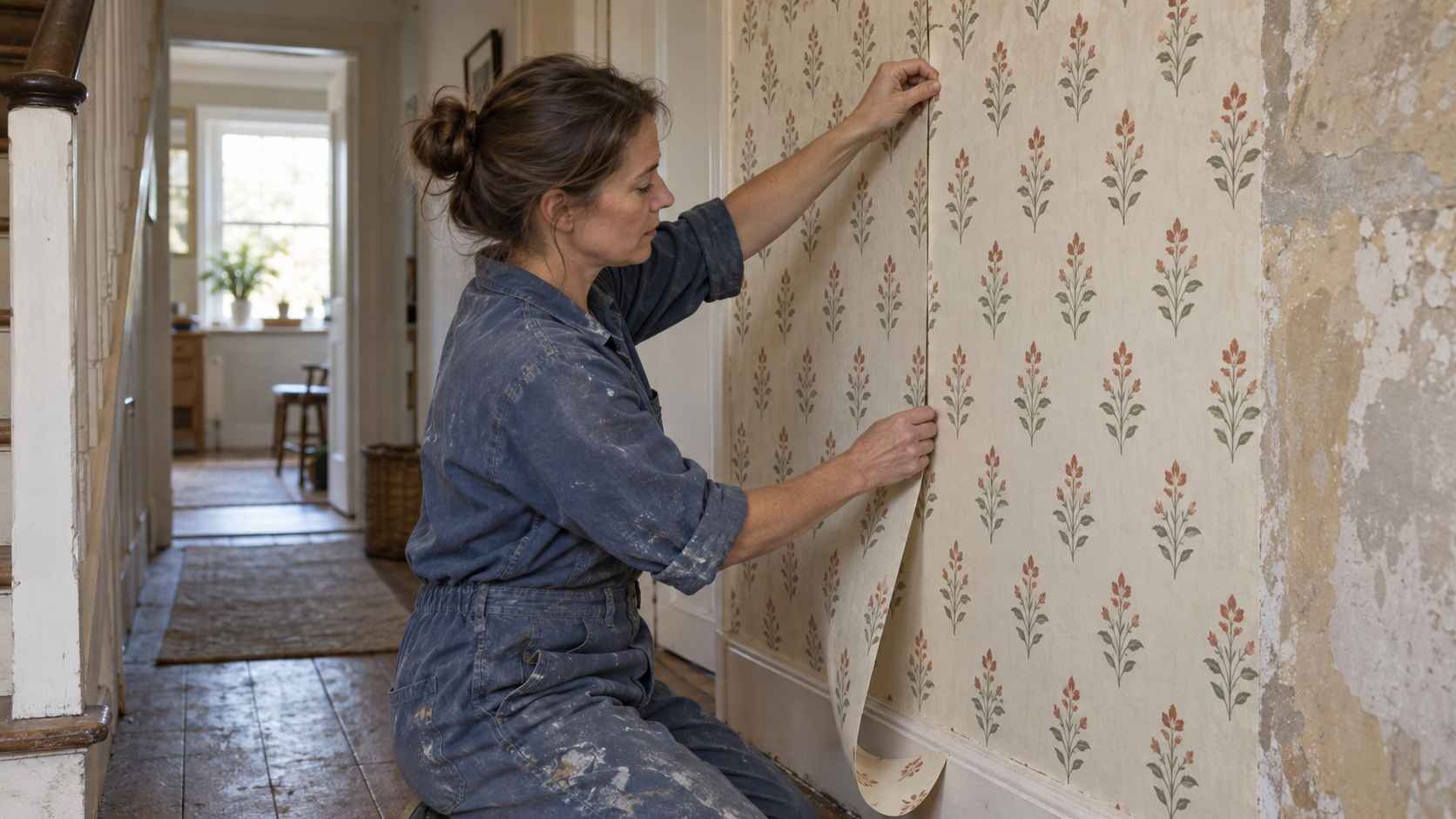 A woman aligns repeating floral motifs on two wallpaper strips, leaving a loose end curled below the seam