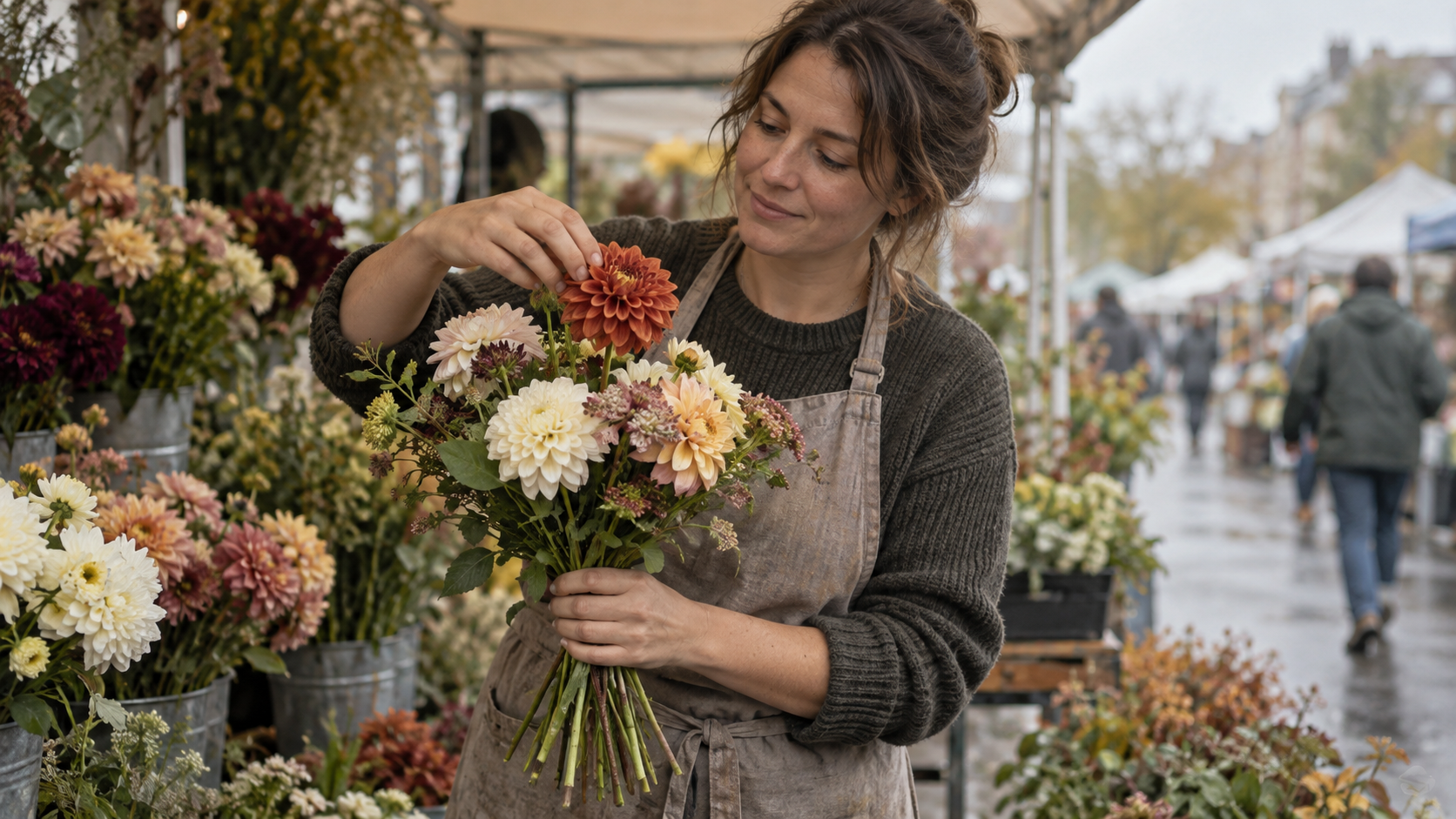 A florist lifts a rust-orange dahlia into focus within a bouquet of cream and pale flowers