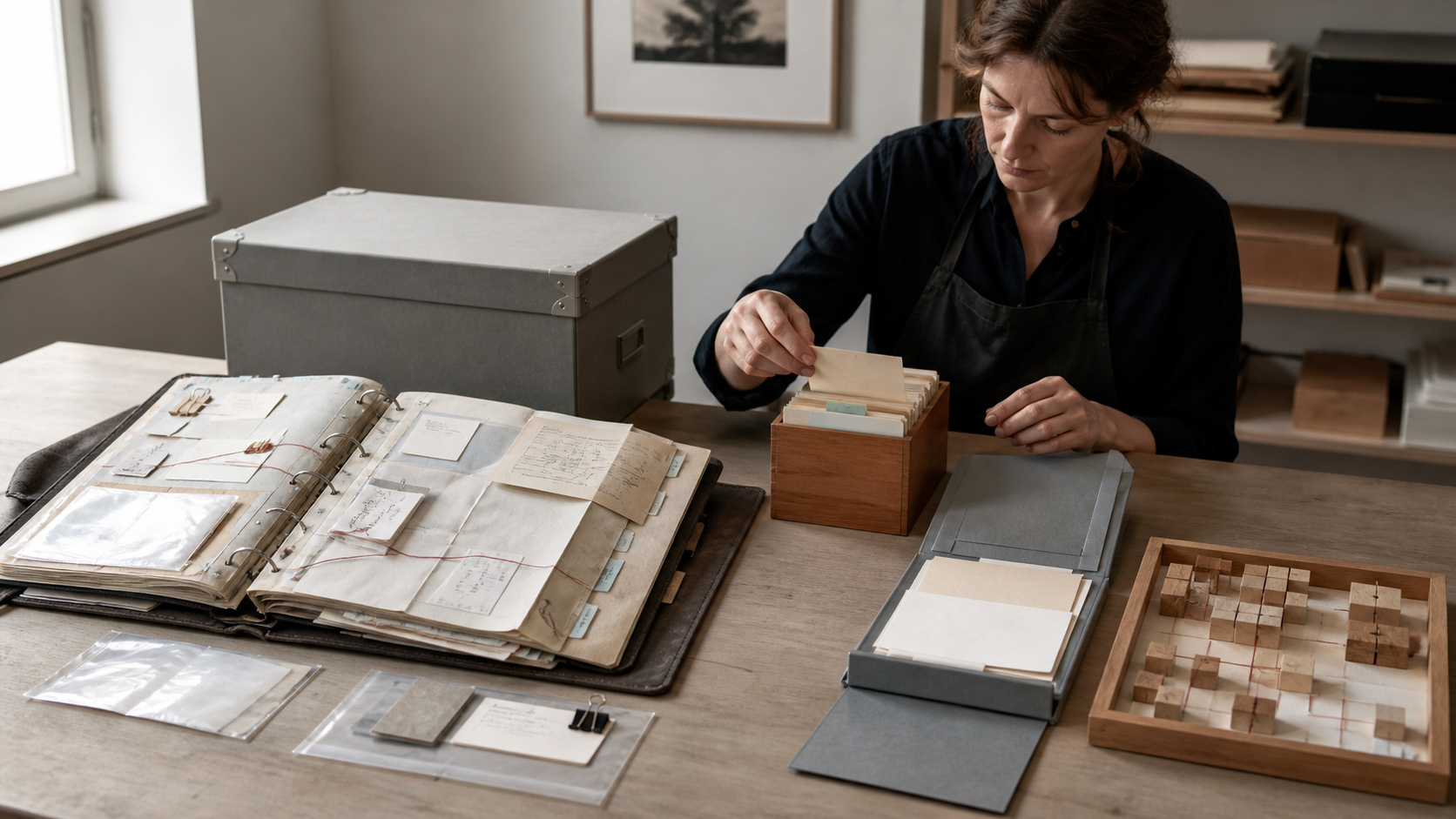 An archive conservator tests a small transfer from an intact linked study dossier into separate card, file, and block systems
