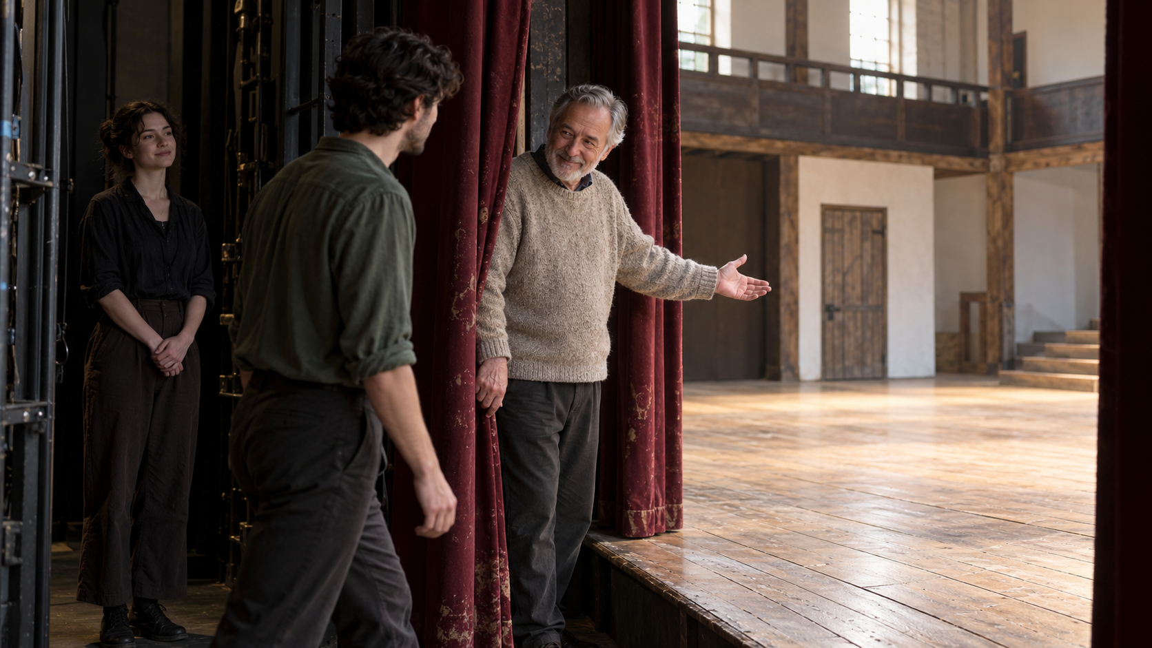 A stage manager invites one performer from the wings onto a wooden rehearsal stage while another waits behind