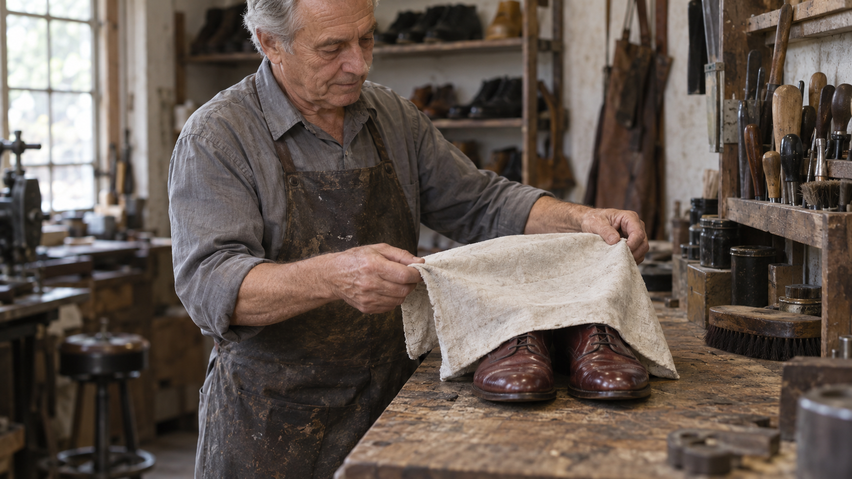 A cobbler draws one cotton dust cloth over a matched pair of leather shoes