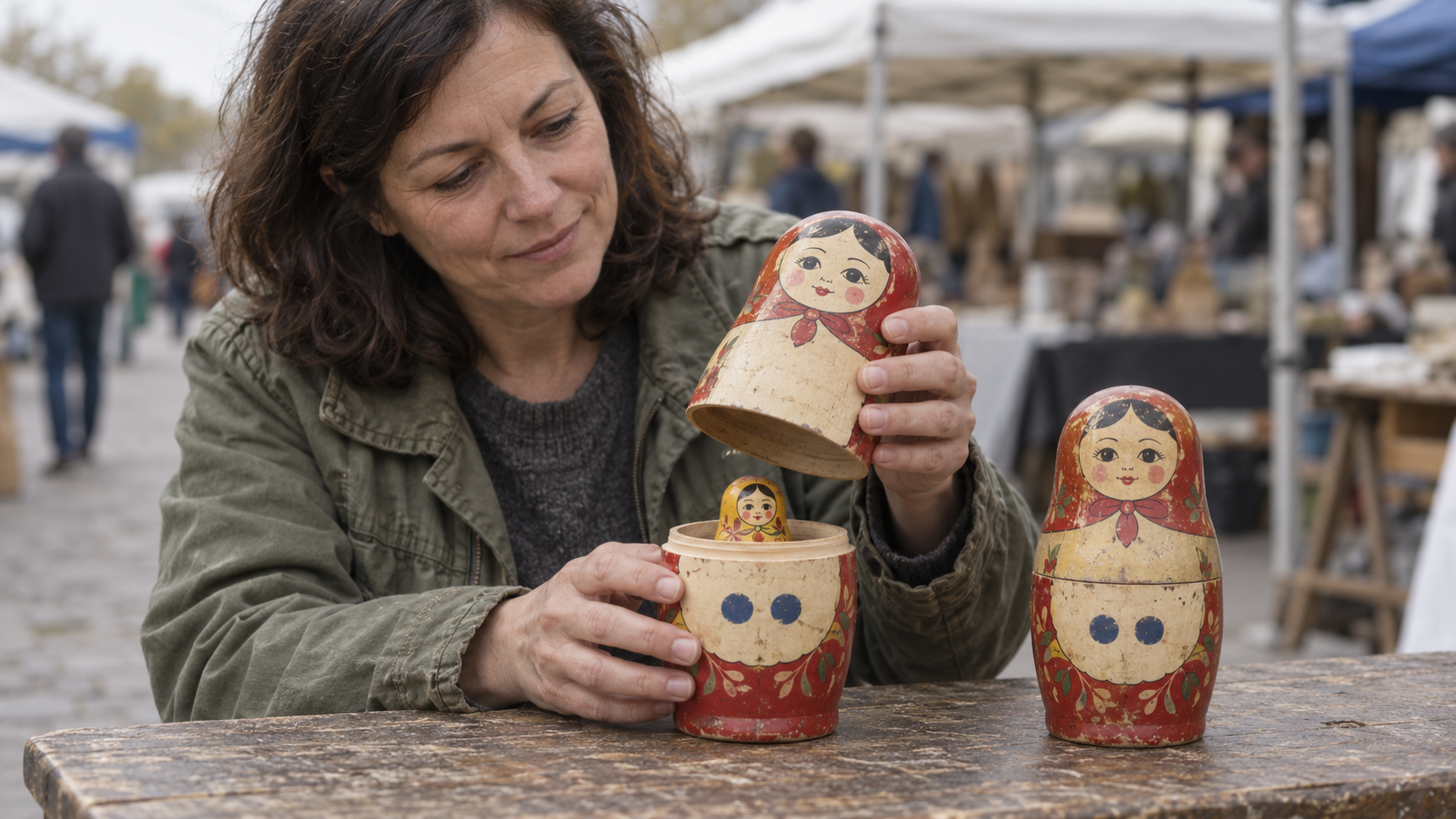 A woman holds an open nesting doll above a smaller yellow doll beside a closed doll with the same two blue dots