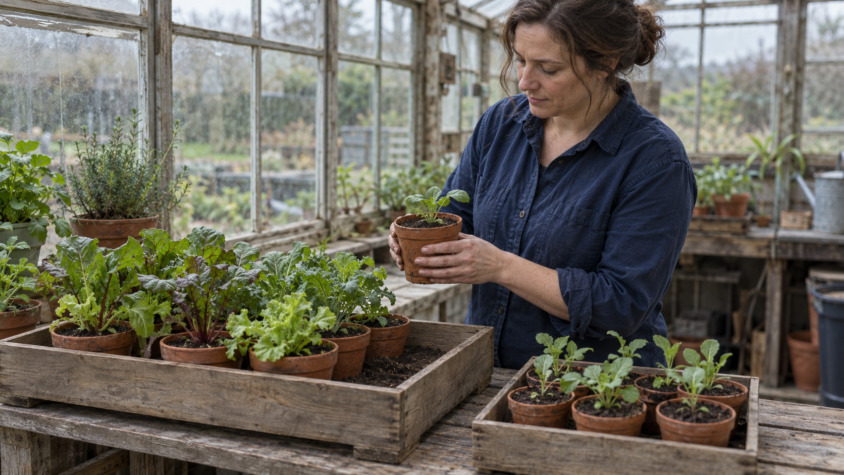 A gardener checks space for a new seedling beside established plants and a separate tray of younger seedlings