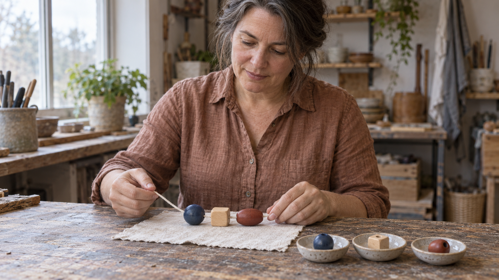 A woman holds a cord threaded through three different wooden beads, with matching spare beads in separate ceramic dishes