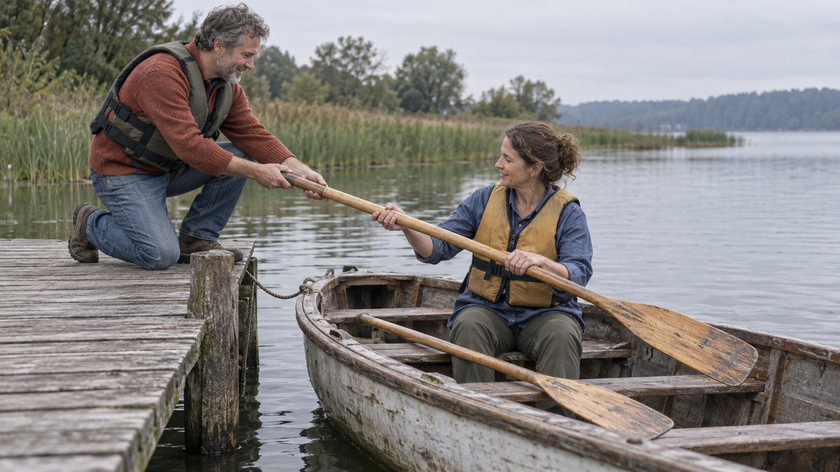 A friend hands a wooden oar to a woman in a rowboat beside a quiet lakeside jetty, with the matching oar already aboard