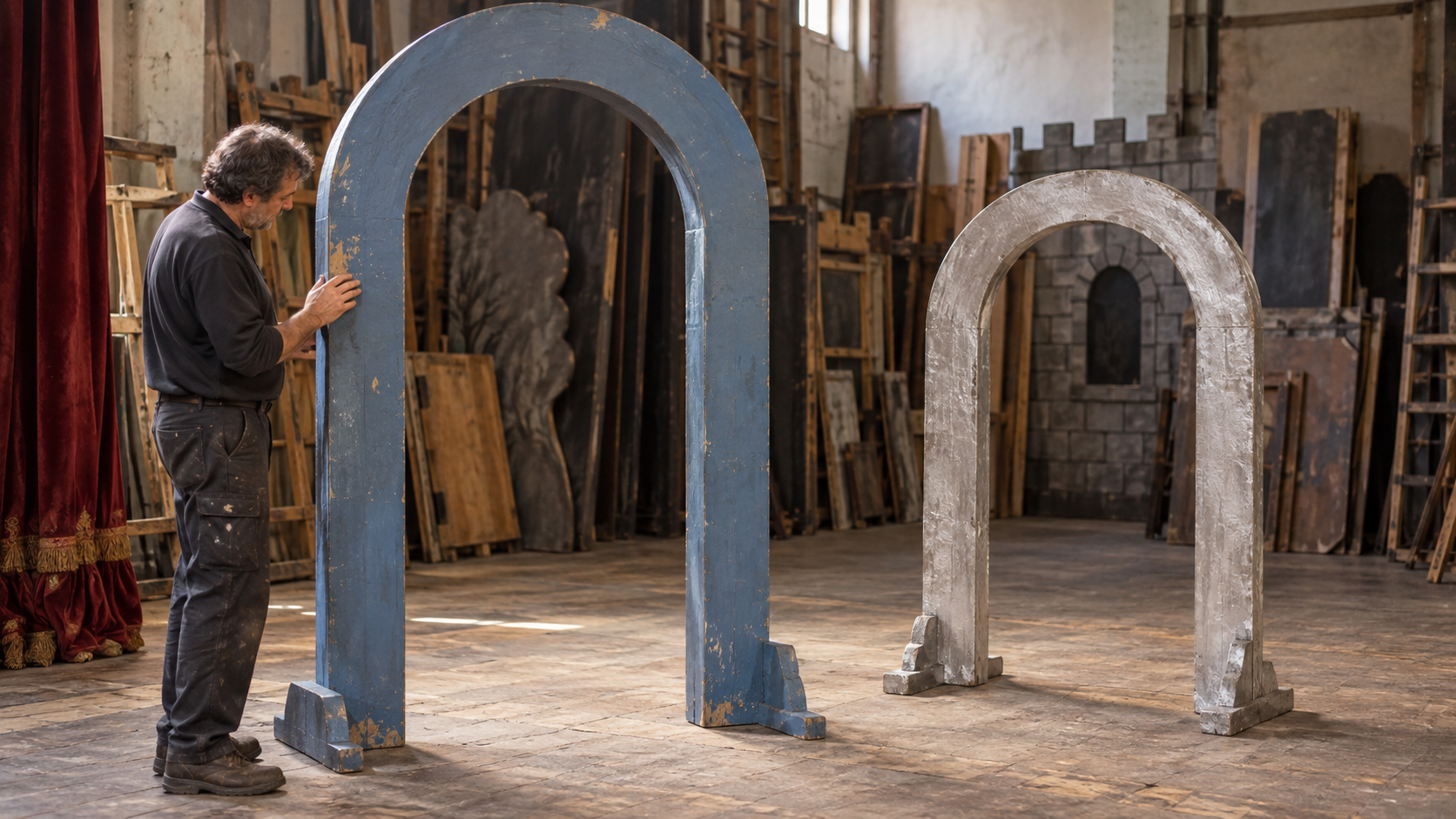 A theatre worker inspects a worn blue stage arch beside a separate smaller silver arch