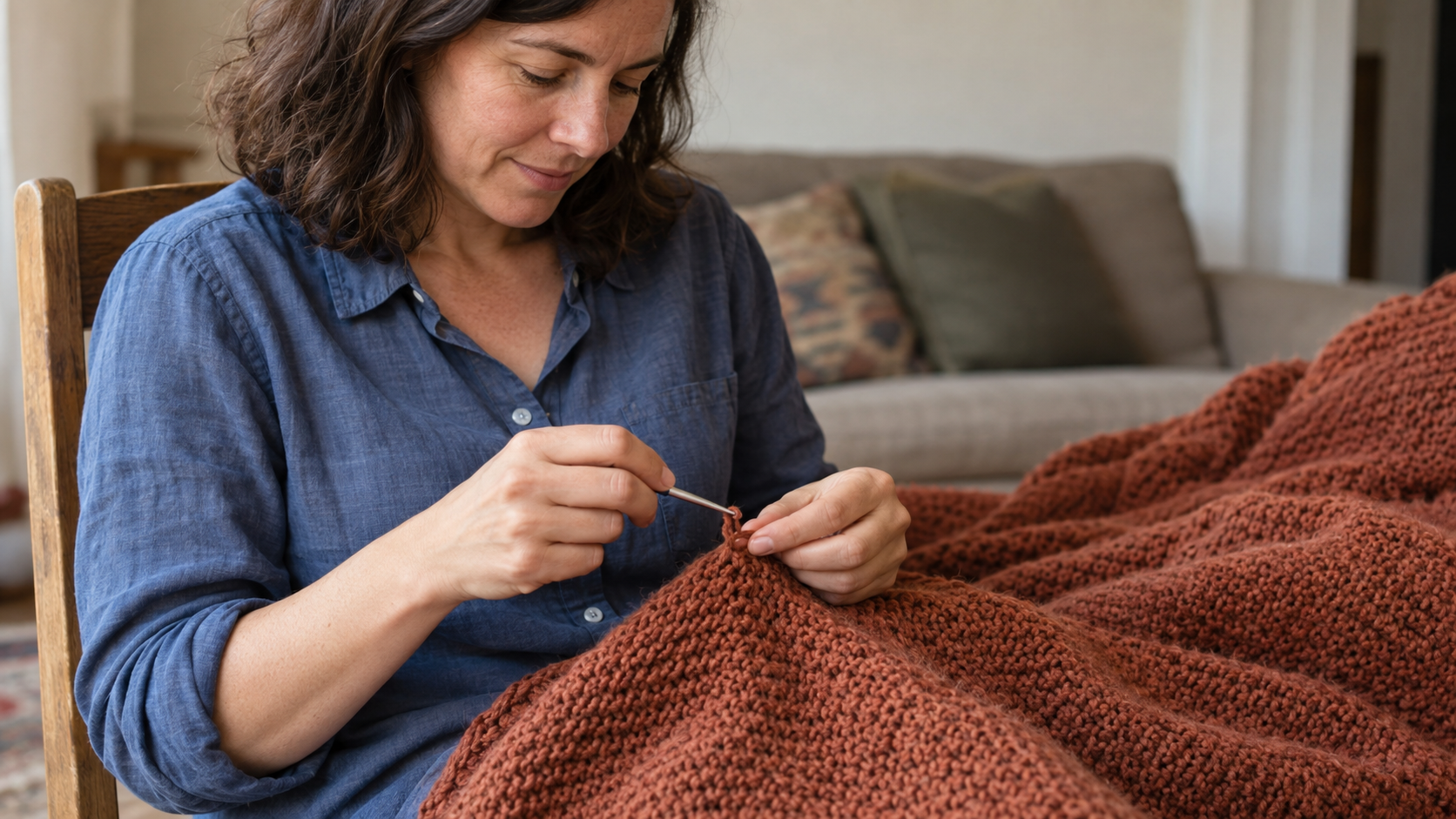 A person uses a crochet hook to repair one loose stitch in a rust-colored blanket