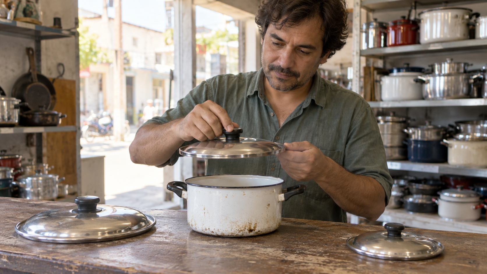A man checks a stainless-steel lid against an enamel saucepan while two differently sized lids rest on the counter.