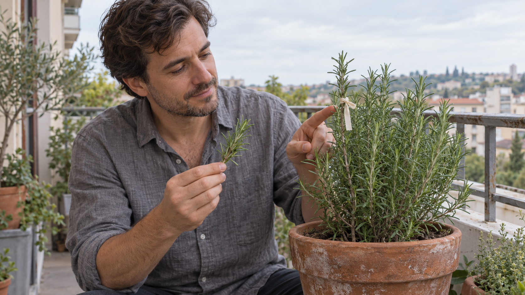 A man holds a rosemary sprig beside a potted plant and points to a branch marked with a cream ribbon