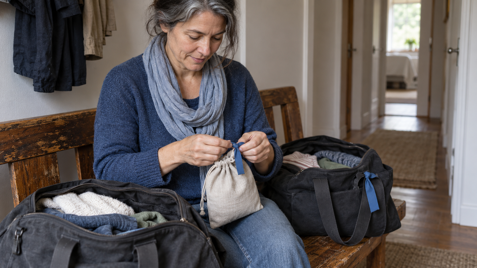 A woman ties a blue ribbon to one canvas pouch beside two open travel bags, one marked with a matching ribbon