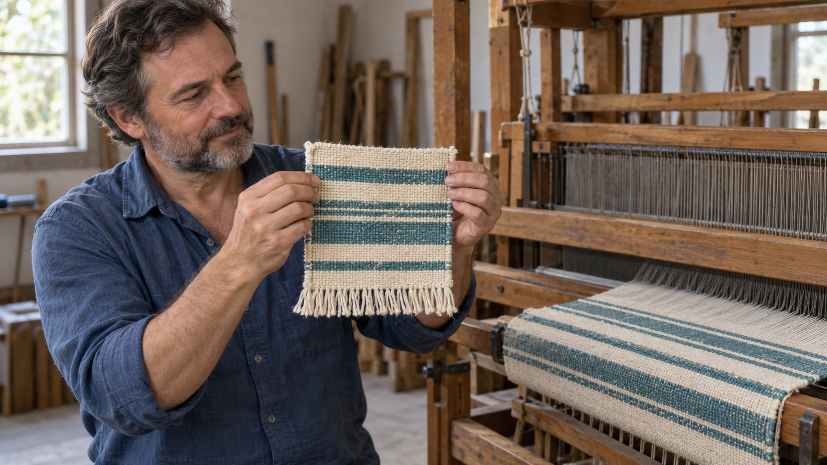 A weaver holds a cream-and-teal striped cloth sample beside a wooden loom carrying the same pattern.