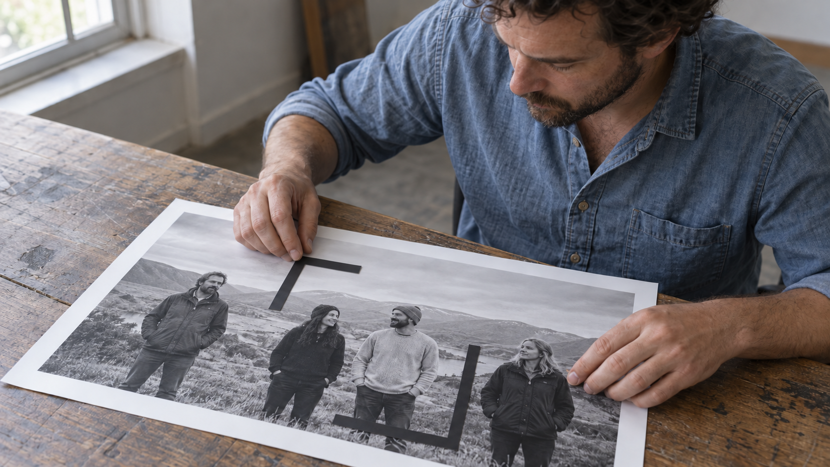 A photographer uses two black cropping guides to select the middle pair from a photograph of four friends