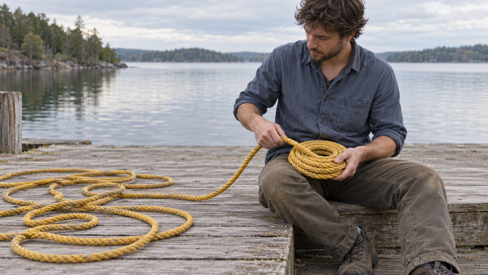 A man gathers a yellow rope from loose loops on a lakeside dock into a compact coil in his lap