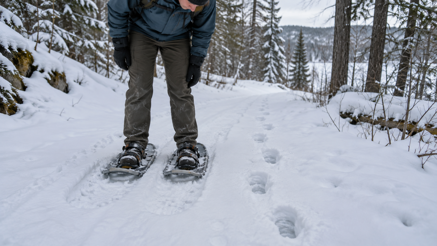 A hiker on broad snowshoes pauses beside deeper boot prints in a snowy woodland trail