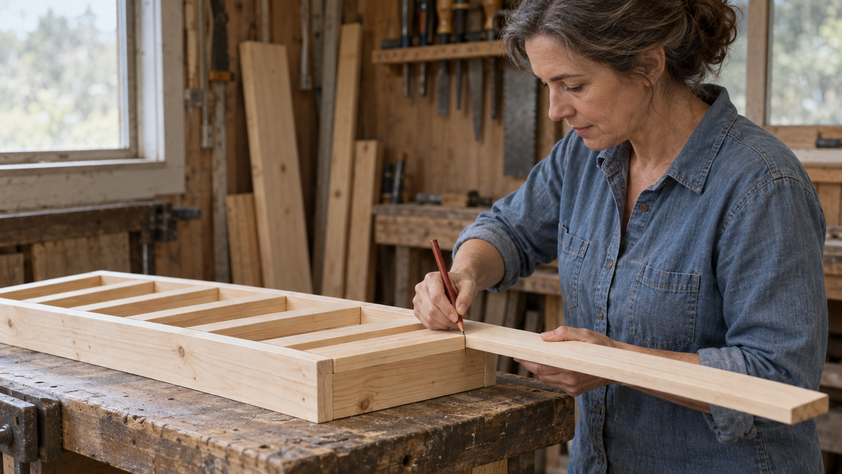 A woman marks an uncut wooden slat where it extends beyond a frame before trimming it to fit