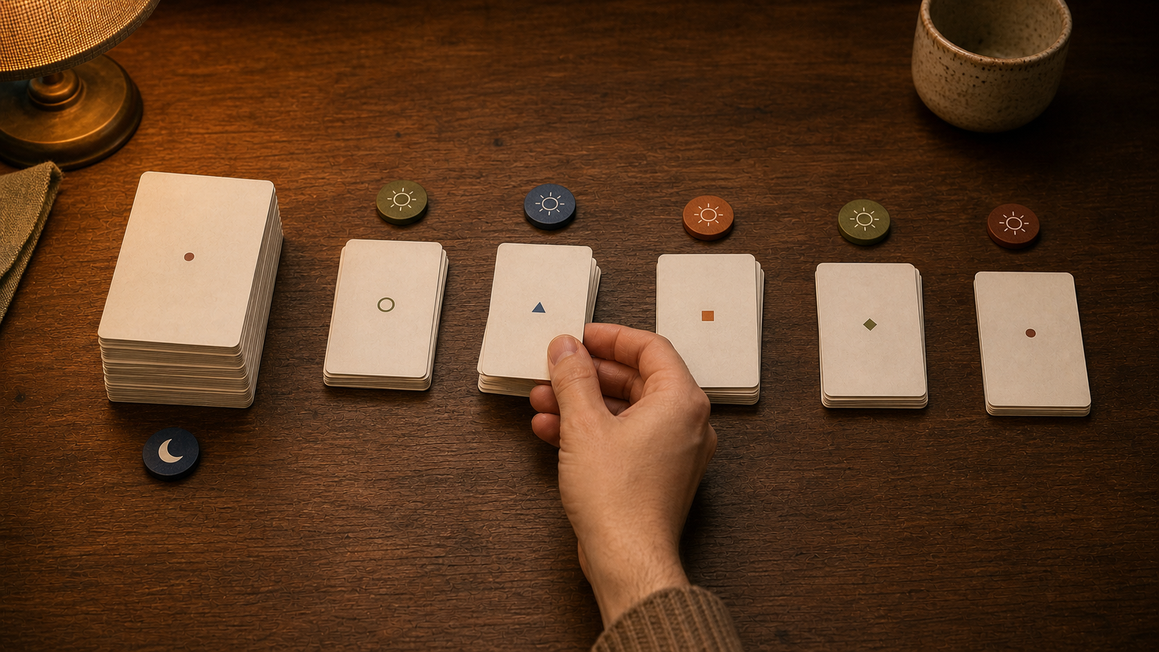 One large cram stack beside several smaller flashcard batches spread across days as a hand selects a review card