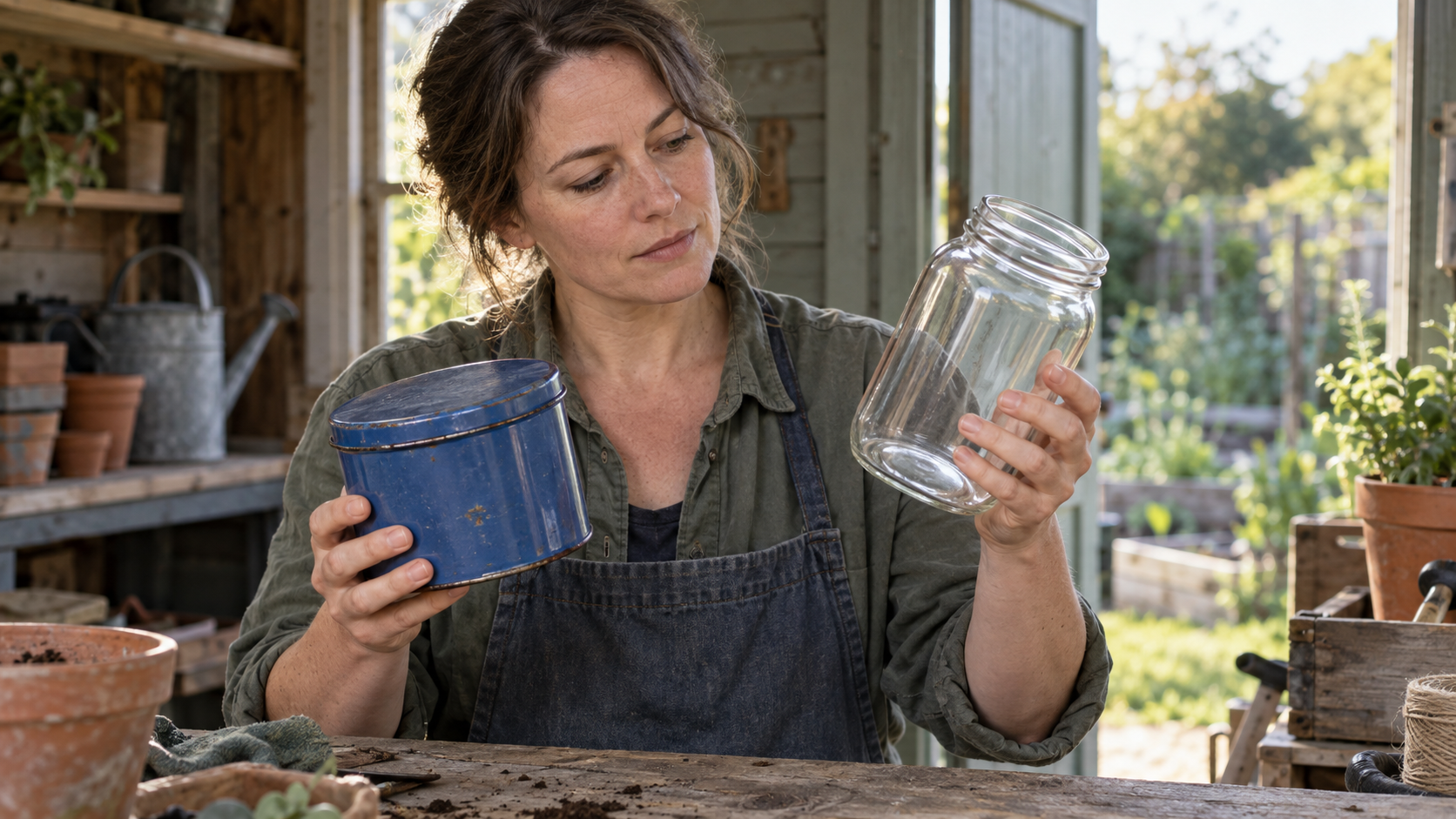 A garden volunteer compares a closed opaque blue tin with a visibly empty clear glass jar